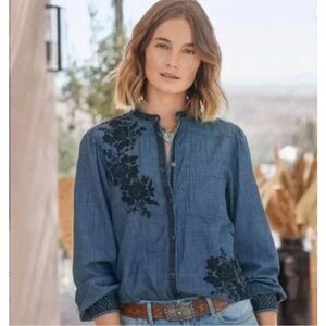 Sundance Embroidered Denim Button Front Shirt Blue Cotton